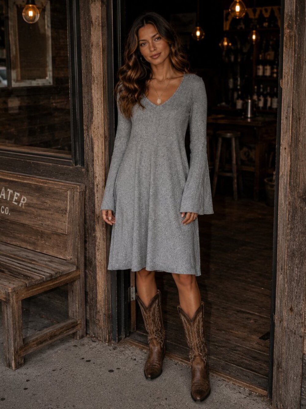 Alya at Anthropologie Size Large Gray Sweater Dress VNeck Bell Sleeves